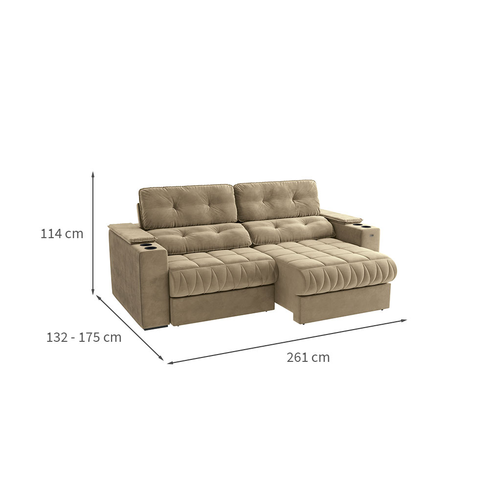 Sofá 4 Lugares Retrátil e Reclinável Premier Molas Veludo Bege 261 cm