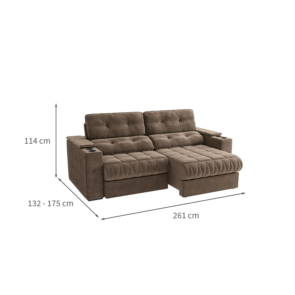 Sofá 4 Lugares Retrátil e Reclinável Premier Molas Veludo Marrom 261 cm