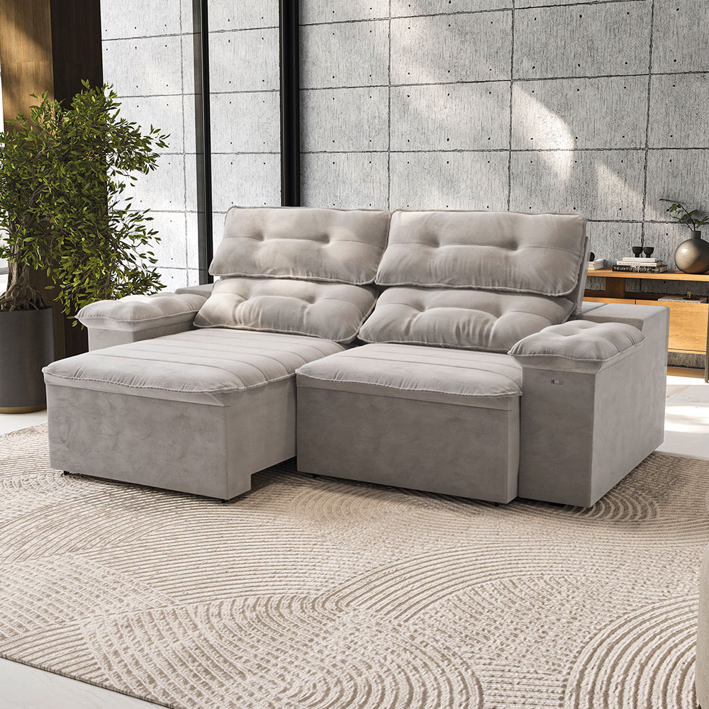 Sofá 4 Lugares Retrátil e Reclinável Siena Molas Veludo Cinza Claro 270 cm