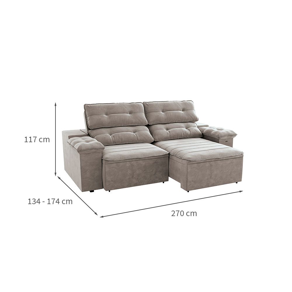 Sofá 4 Lugares Retrátil e Reclinável Siena Molas Veludo Cinza Claro 270 cm