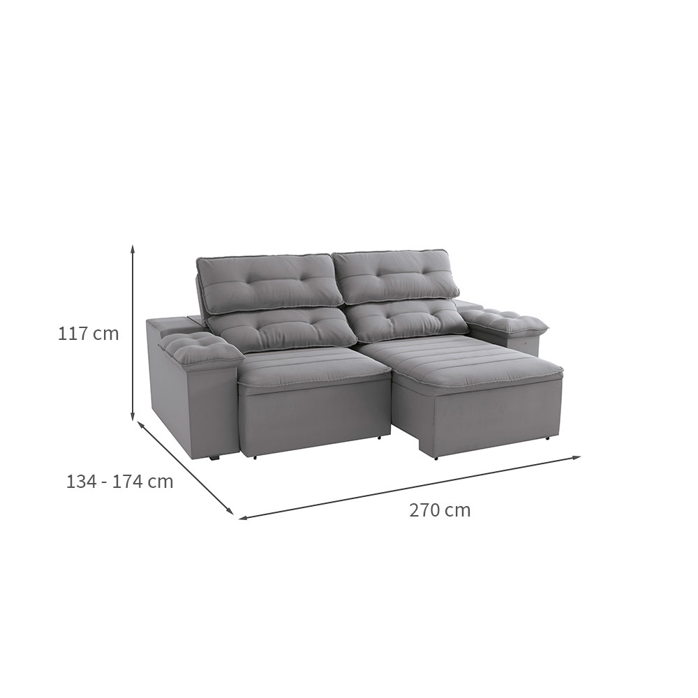 Sofá 4 Lugares Retrátil e Reclinável Siena Molas Veludo Titânio 270 cm