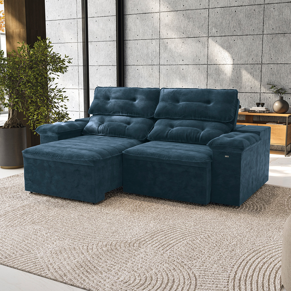 Sofá 4 Lugares Retrátil e Reclinável Siena Veludo Azul Marinho