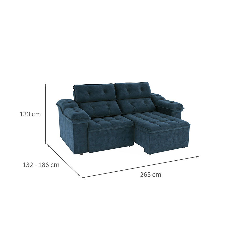 Sofá 4 Lugares Retrátil e Reclinável Sierra Molas Veludo Azul Marinho 265 cm