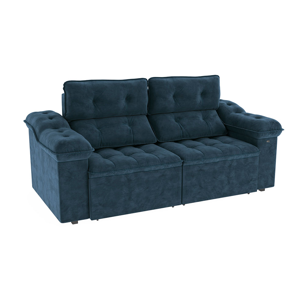 Sofá 4 Lugares Retrátil e Reclinável Sierra Molas Veludo Azul Marinho 265 cm