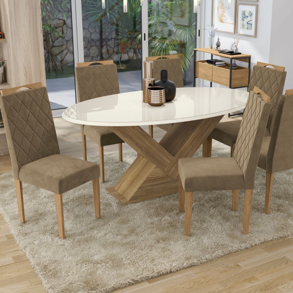 Tampo Oval para Mesa de Jantar com Vidro Peônia Off White 180 cm