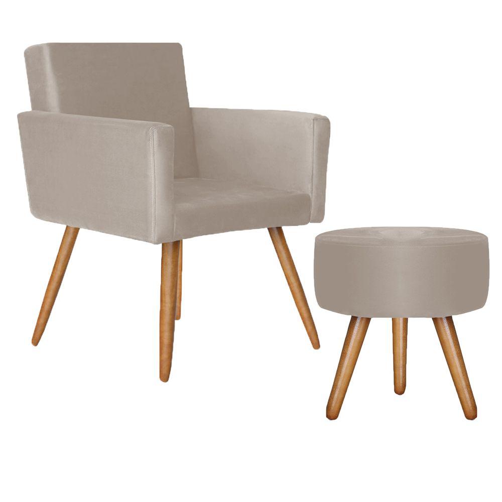Poltrona Lisboa com Puff Decorativo Bali Suede Creme Kasa Sofá