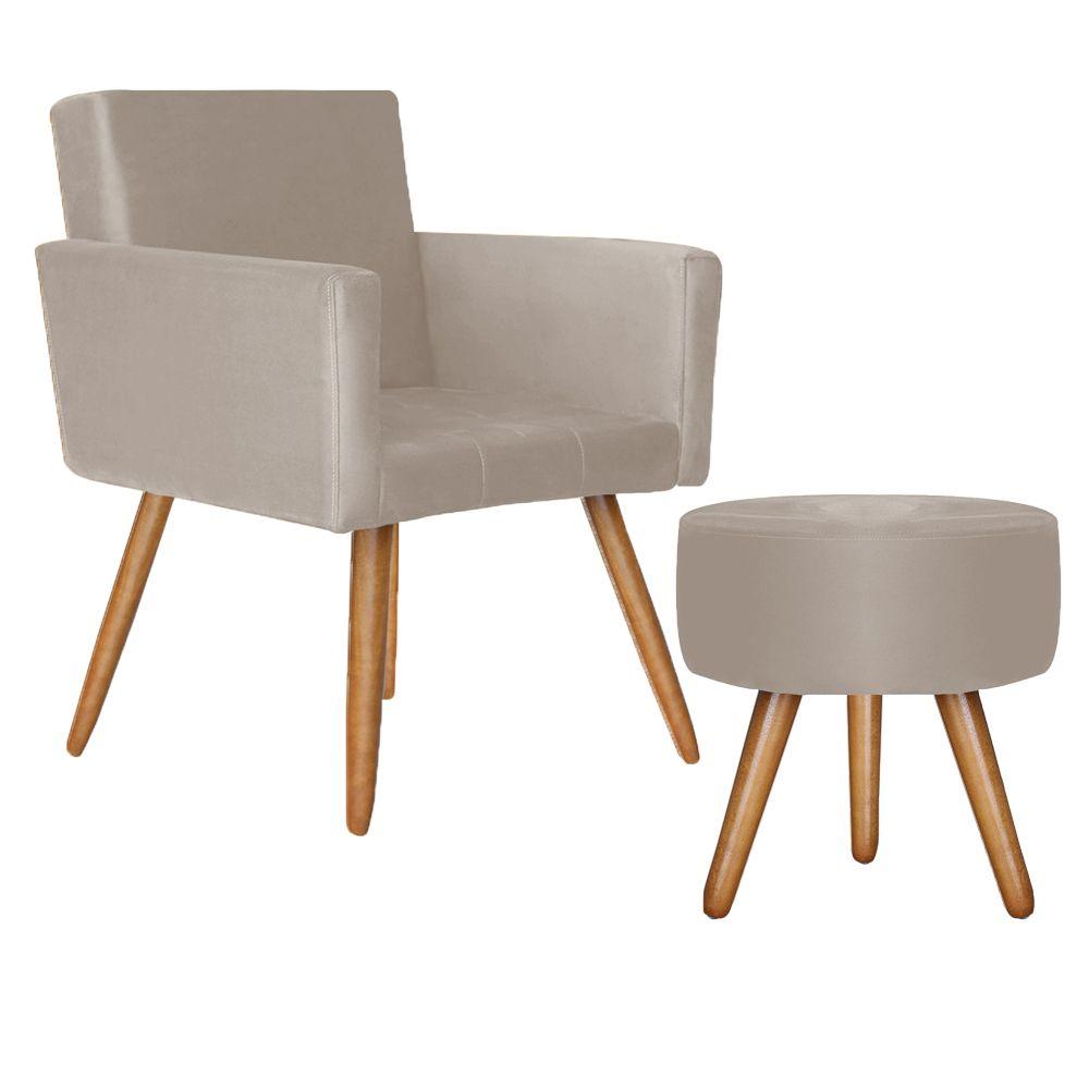 Poltrona Vitória com Puff Bali Decorativo Suede Creme Kasa Sofá