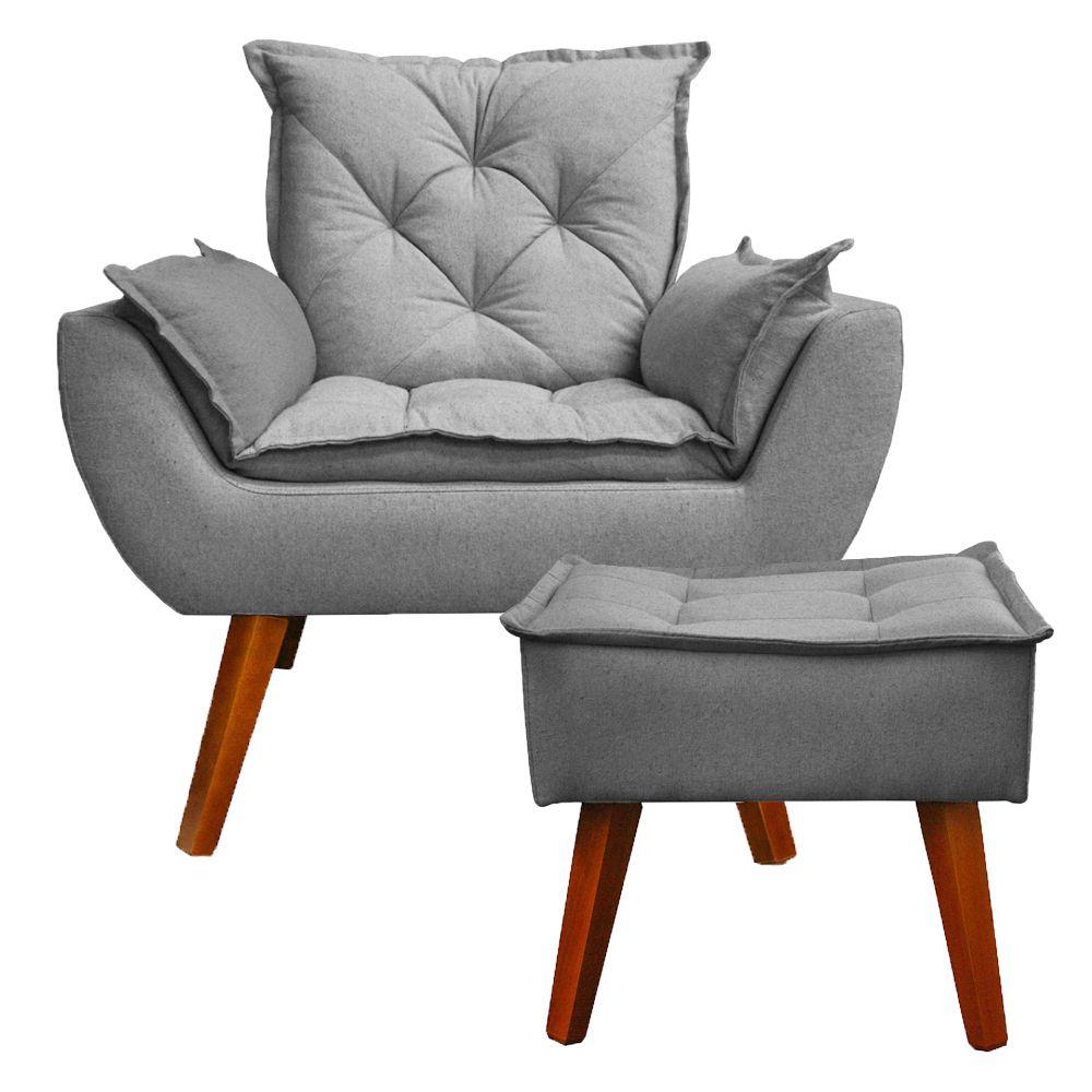 Poltrona com Puff Decorativo Opala Linho Cinza Kasa Sofá