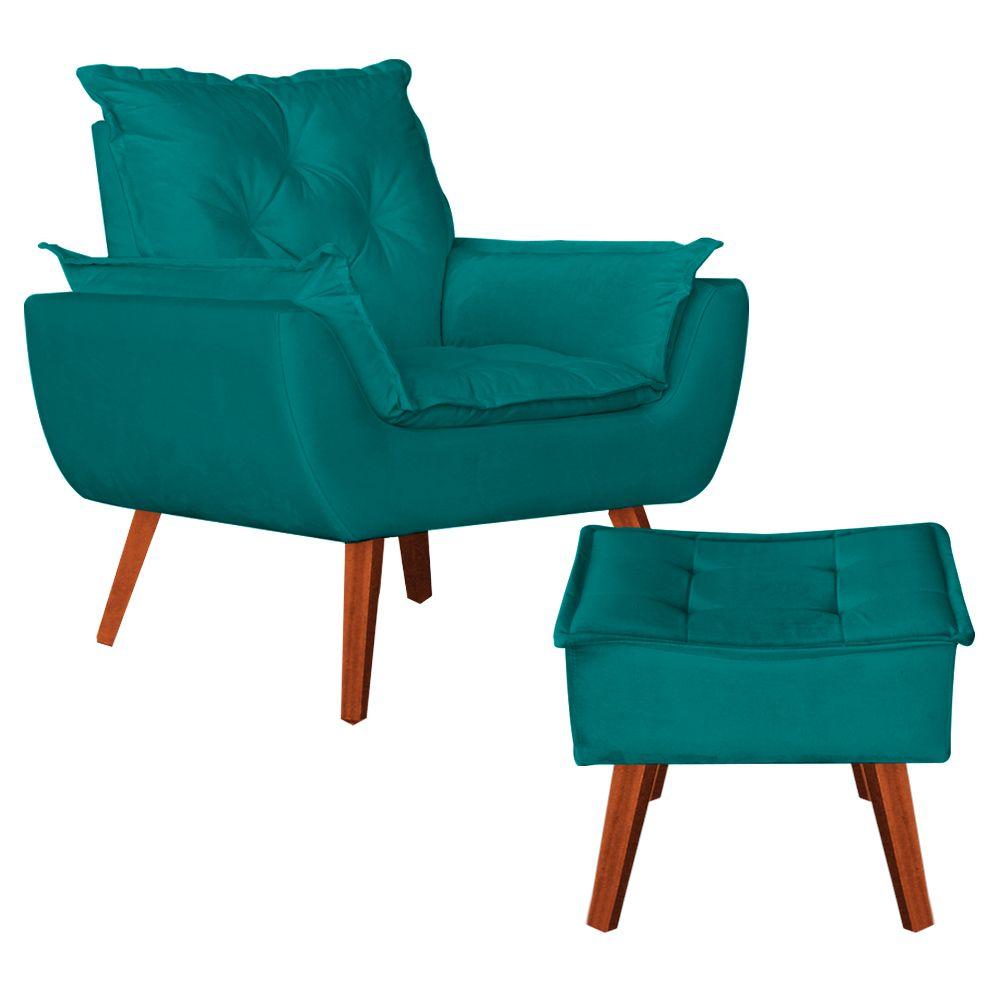 Poltrona com Puff Decorativo Opala Suede Azul Kasa Sofá
