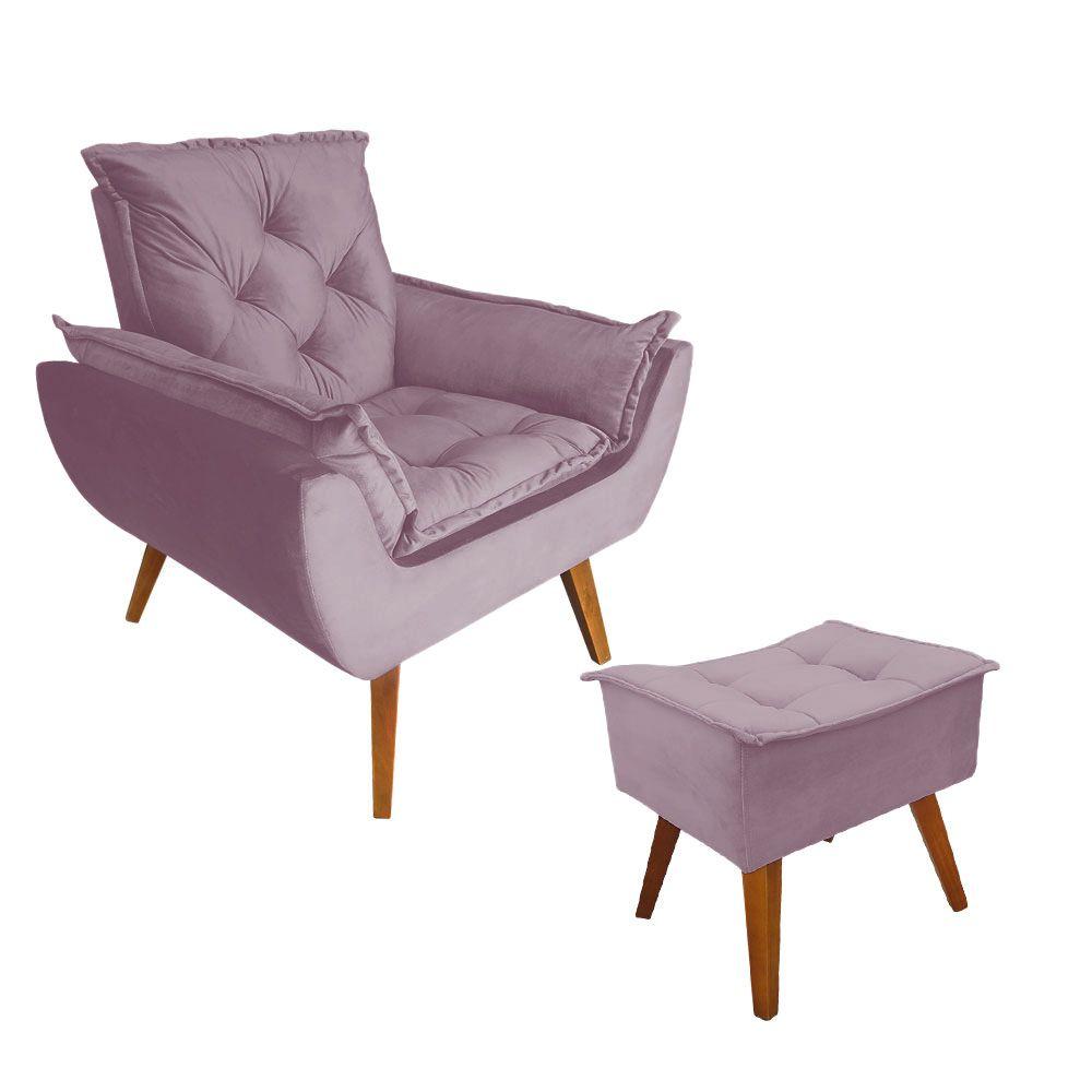 Poltrona com Puff Opala Decorativo Veludo Rosê Amamentação e Descanso Kasa Sofá