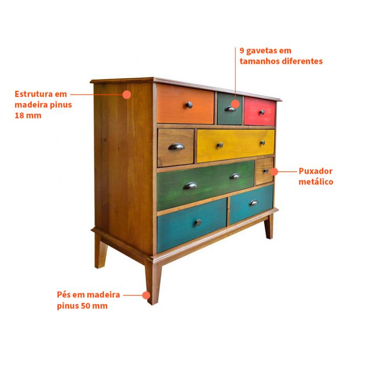 [OUTLET] Cômoda Colors 9 Gavetas Castanho e Colorido