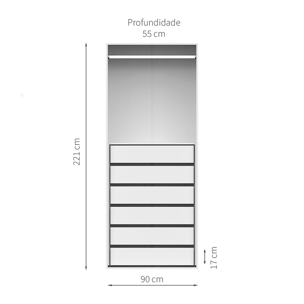[OUTLET] Guarda-Roupa Modulado New Tuyo 6 Gavetas e 1 Cabideiro Branco 90 cm