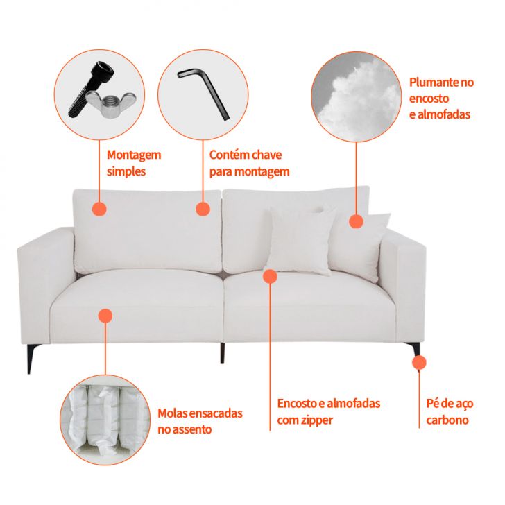 [OUTLET] Sofá Unne 3 Lugares com Molas Ensacadas Bouclé Off White 200 cm