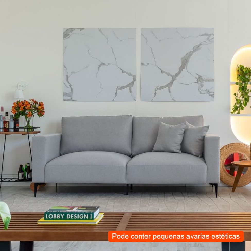 [OUTLET] Sofá Unne 3 Lugares com Molas Ensacadas Linho Cinza 200 cm