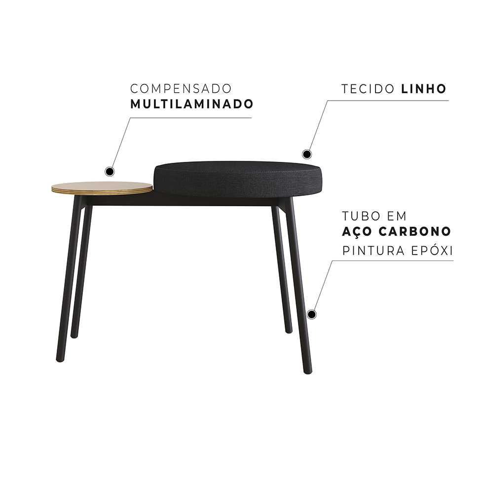 Banco com Apoio Lateral Bock Linho Grafite e Preto