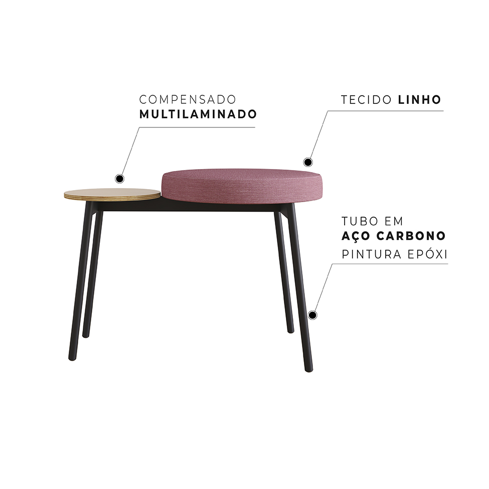 Banco com Apoio Lateral Bock Linho Rosa e Preto