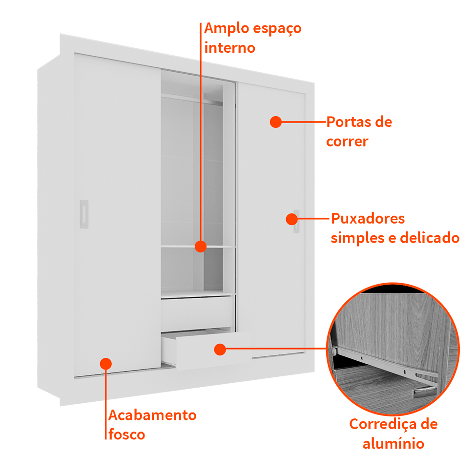  Guarda-Roupa Casal Luiza 3 Portas 2 Gavetas Branco