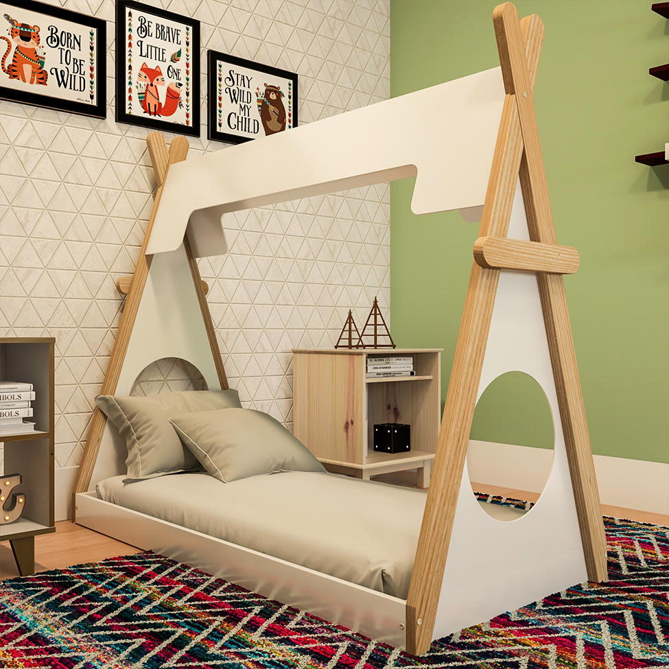 Cama Infantil Montessoriano Branca e Natural