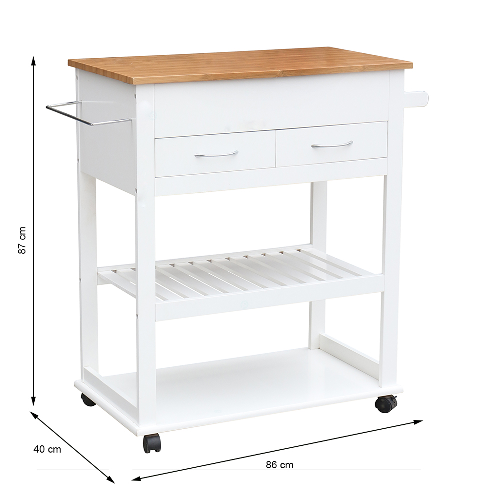 Carrinho para Cozinha Tina 2 Gavetas Bambu e Branco