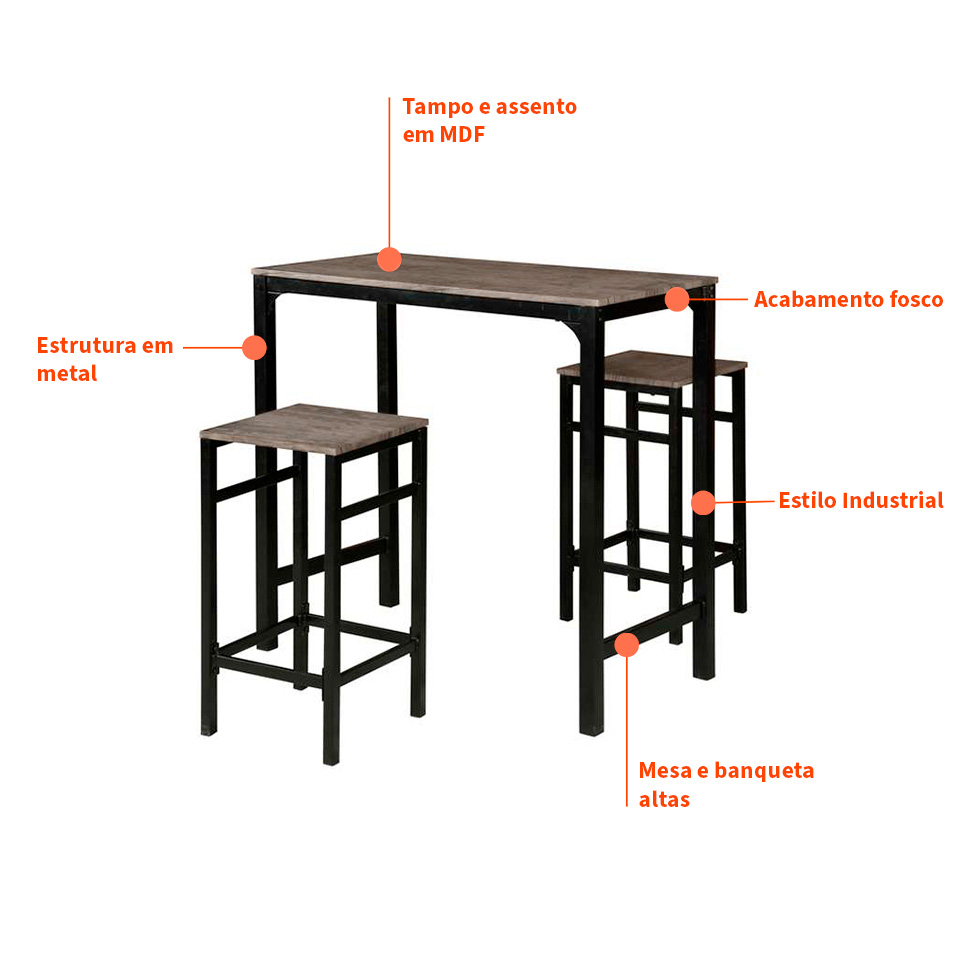 Conjunto de Mesa Bistrô com 2 Banquetas Córdoba Amêndoa e Preto 100 cm