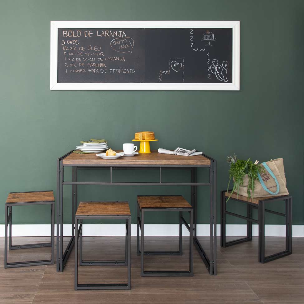 Conjunto de Mesa Wooden com 4 Bancos Preto e Amêndoa