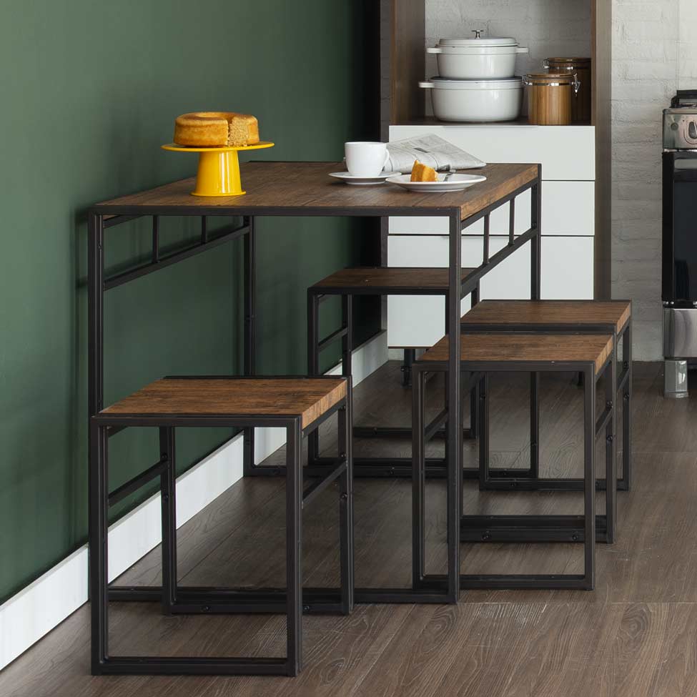 Conjunto de Mesa Wooden com 4 Bancos Preto e Amêndoa