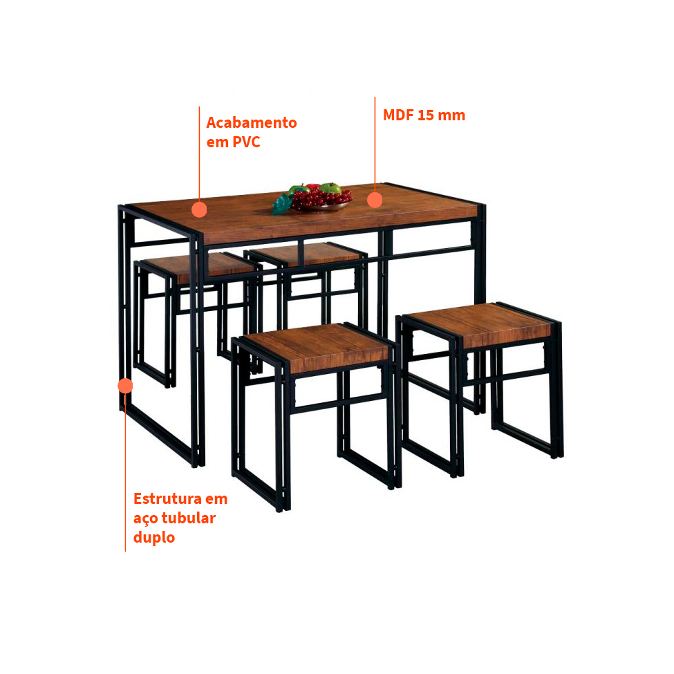Conjunto de Mesa Wooden com 4 Bancos Preto e Amêndoa