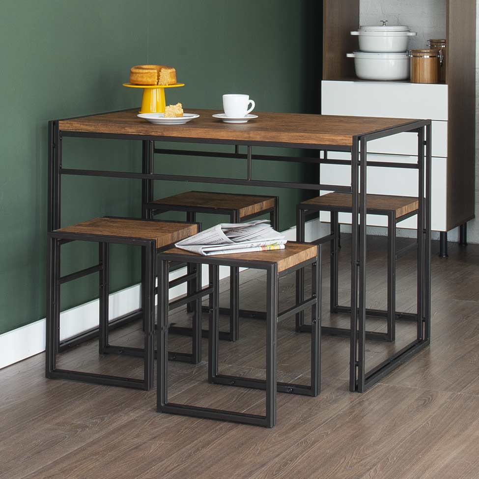 Conjunto de Mesa Wooden com 4 Bancos Preto e Amêndoa