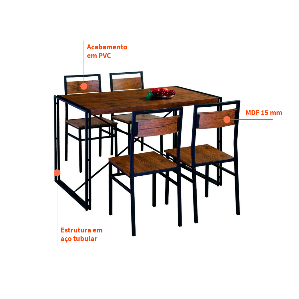 Conjunto de Mesa Wooden com 4 Cadeiras Preto e Amêndoa