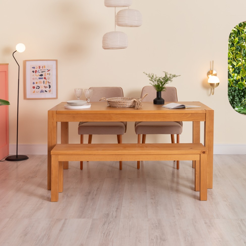Conjunto de Mesa de Jantar com 1 Banco Macaúba Madeira Maciça Amêndoa e 2 Cadeiras Esmeralda Bege