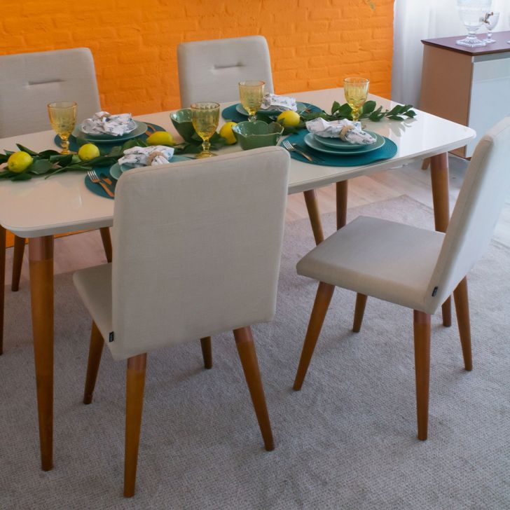 Conjunto de Mesa de Jantar com Tampo de Vidro Arredondado e 4 Cadeiras  Estofadas Studio Linho Off White e Bege Claro 160 cm