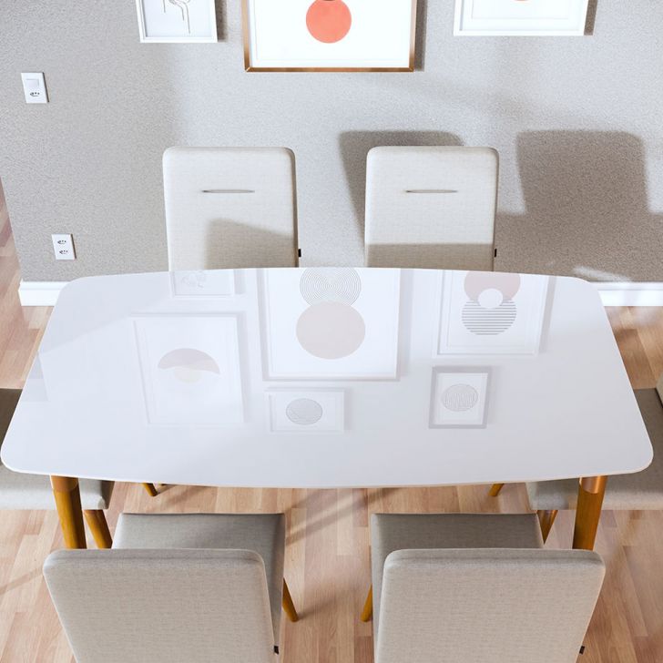 Conjunto de Mesa de Jantar com Tampo de Vidro Arredondado e 4 Cadeiras  Estofadas Studio Linho Off White e Bege Claro 160 cm