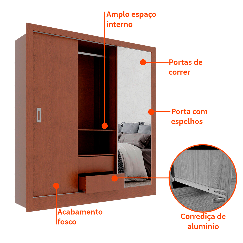 Guarda-Roupa Casal Luiza 3 Portas 2 Gavetas com 1 Espelho Carvalho