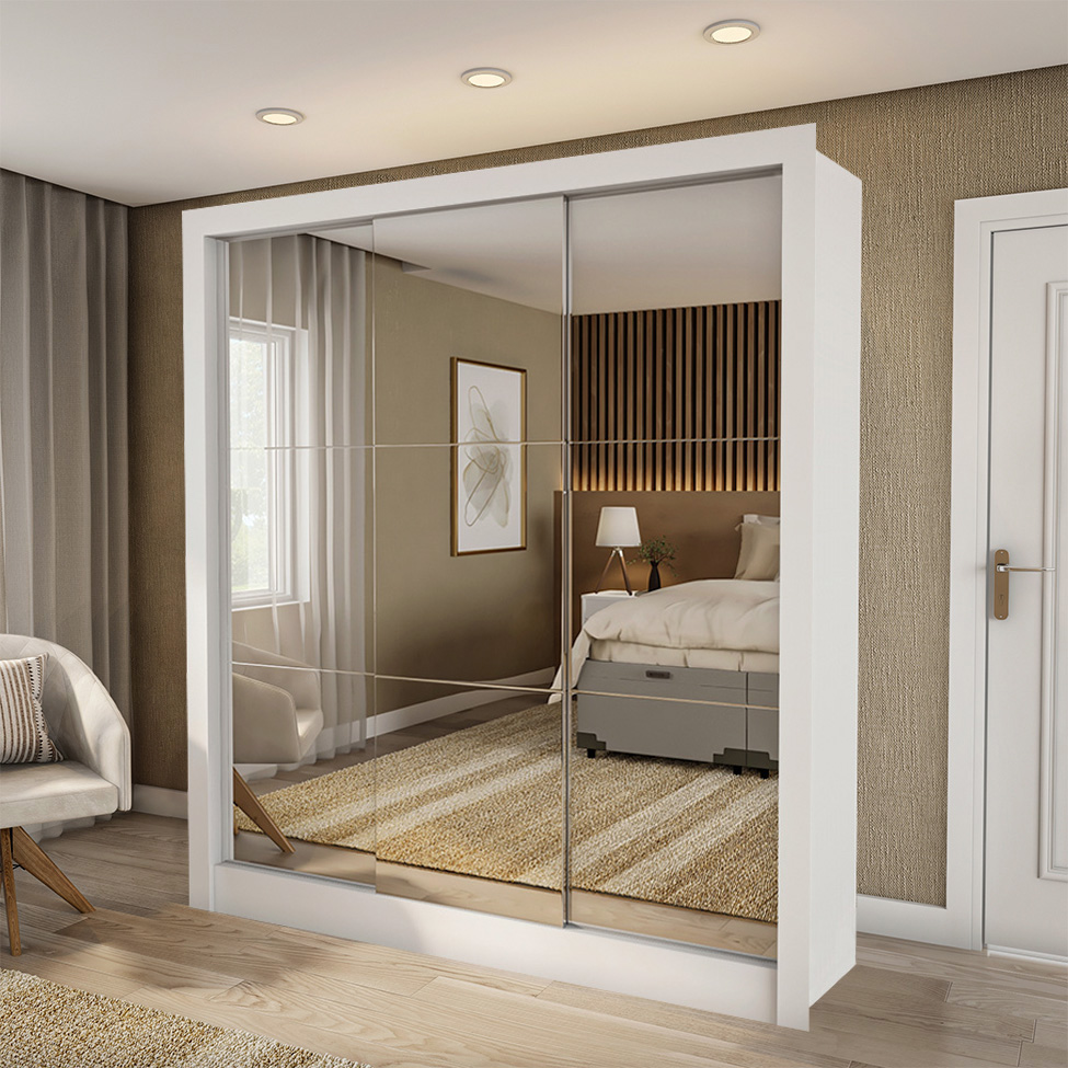 Guarda-Roupa Casal Luiza 3 Portas 2 Gavetas com 3 Espelhos Branco