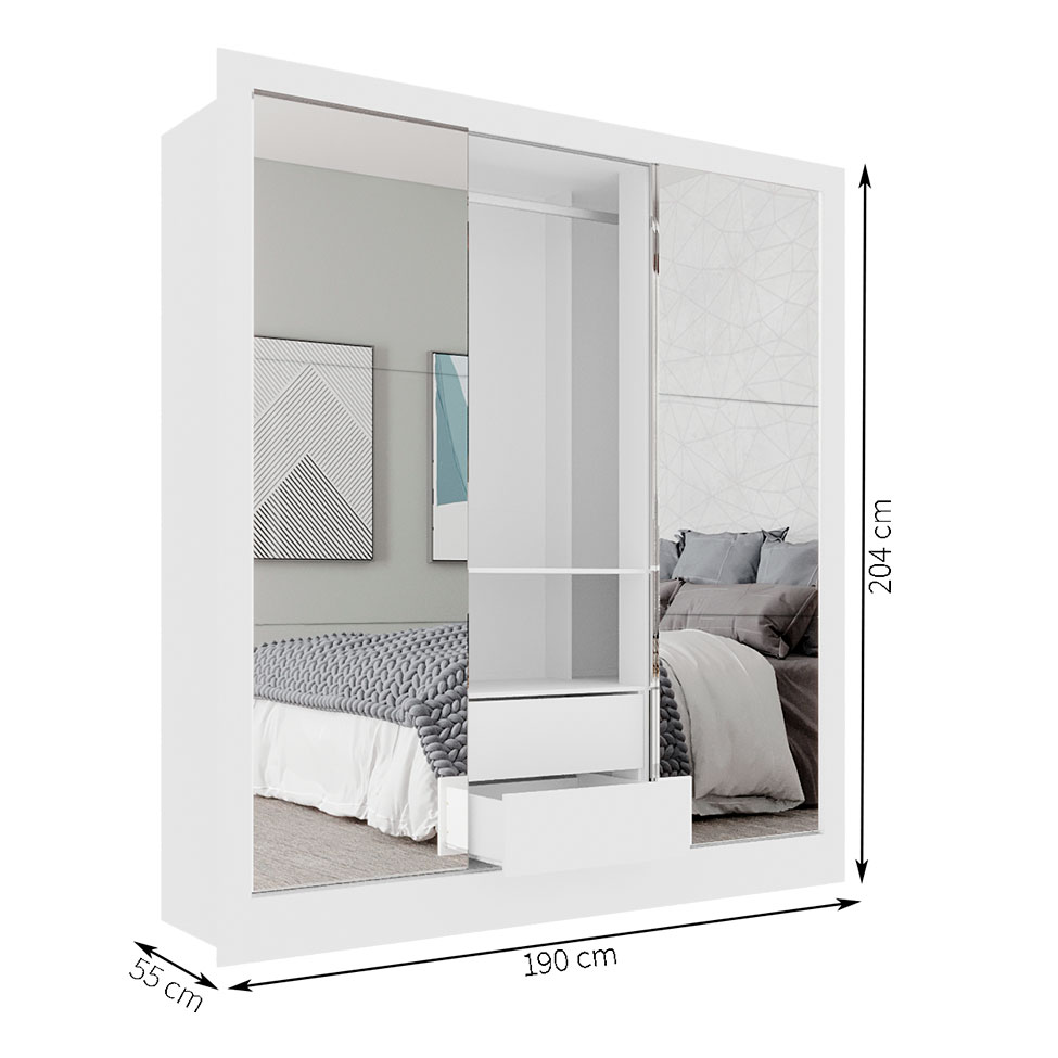 Guarda-Roupa Casal Luiza 3 Portas 2 Gavetas com 3 Espelhos Branco