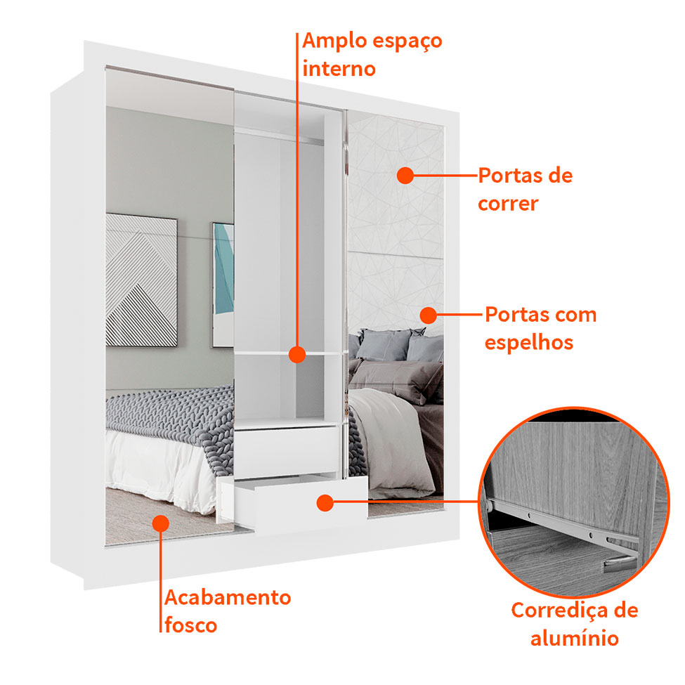 Guarda-Roupa Casal Luiza 3 Portas 2 Gavetas com 3 Espelhos Branco