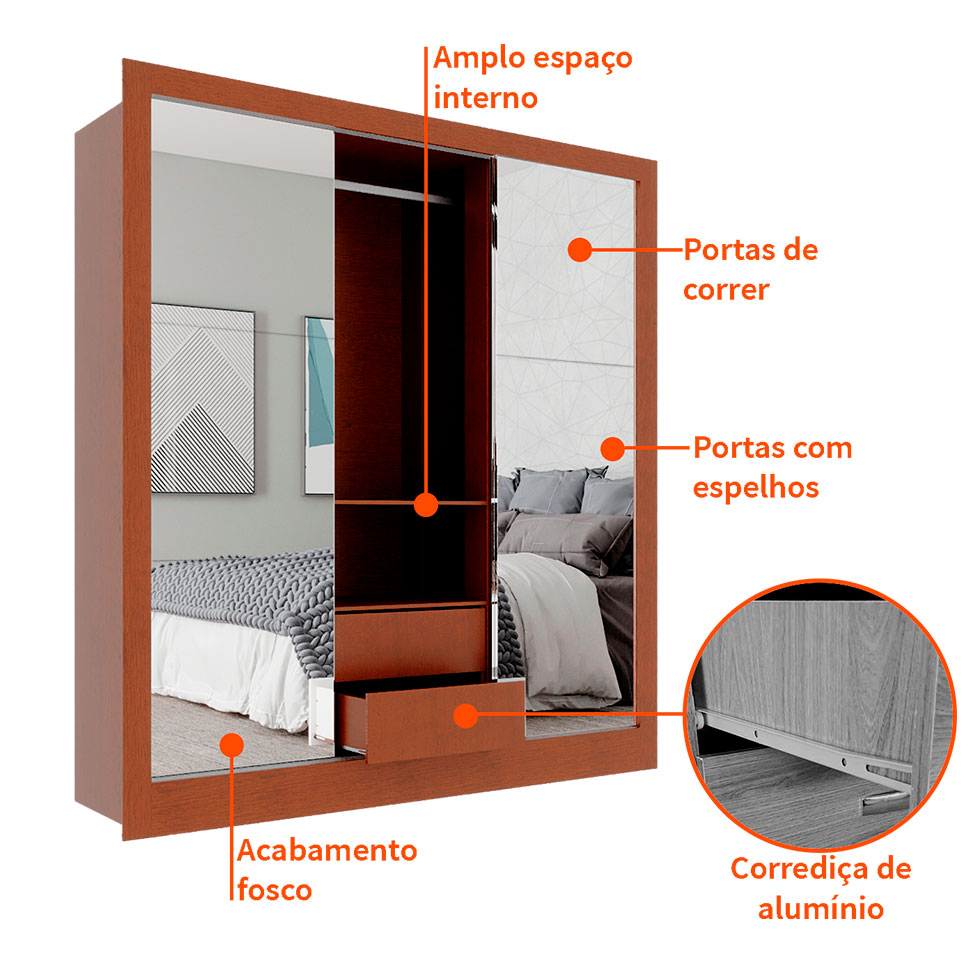 Guarda-Roupa Casal Luiza 3 Portas 2 Gavetas com 3 Espelhos Carvalho