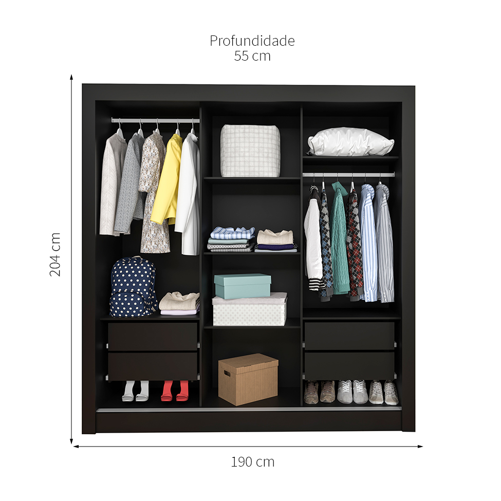Guarda-Roupa Casal com Espelho Bahia 3 Portas 4 Gavetas Preto