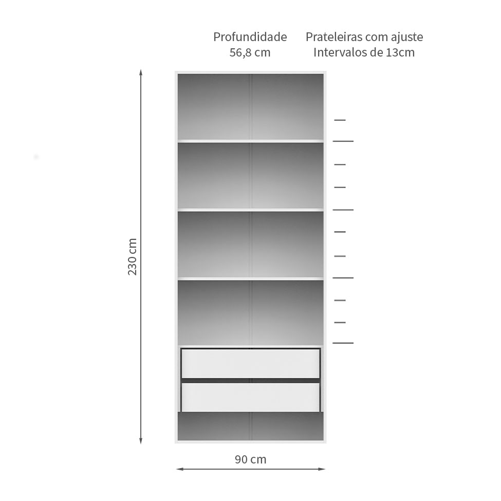 Guarda-Roupa Modulado Tuyo 2 GV e 4 Prateleiras Branco 90 cm