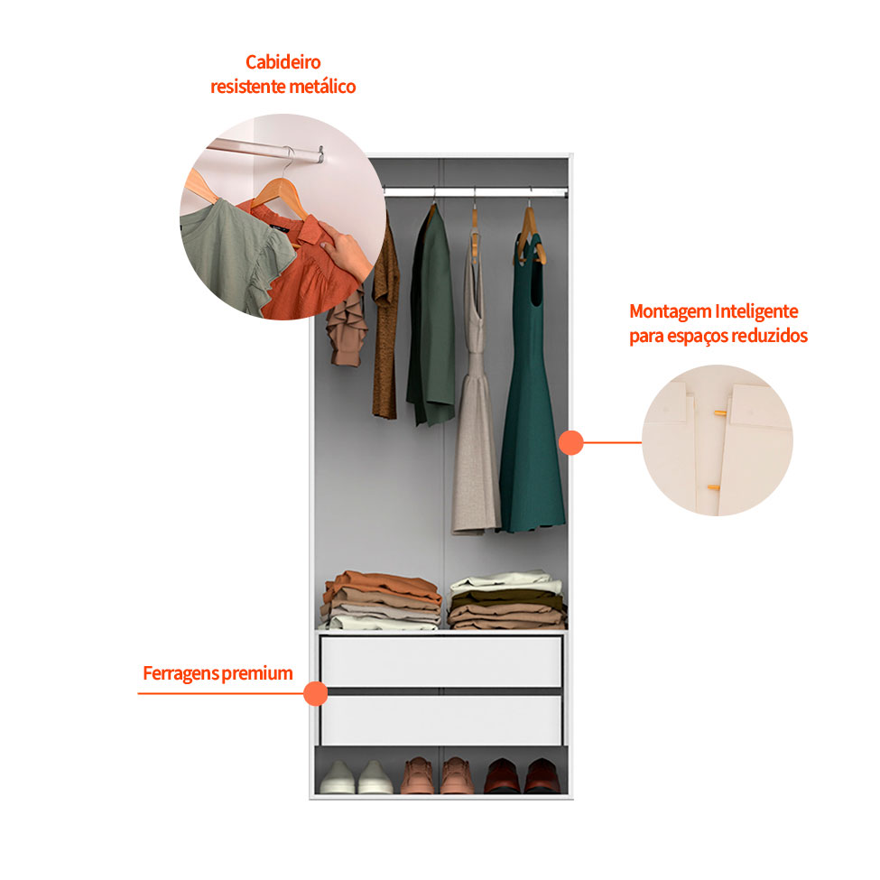 Guarda-Roupa Modulado Tuyo 2 Gavetas e 1 Cabideiro Branco 90 cm