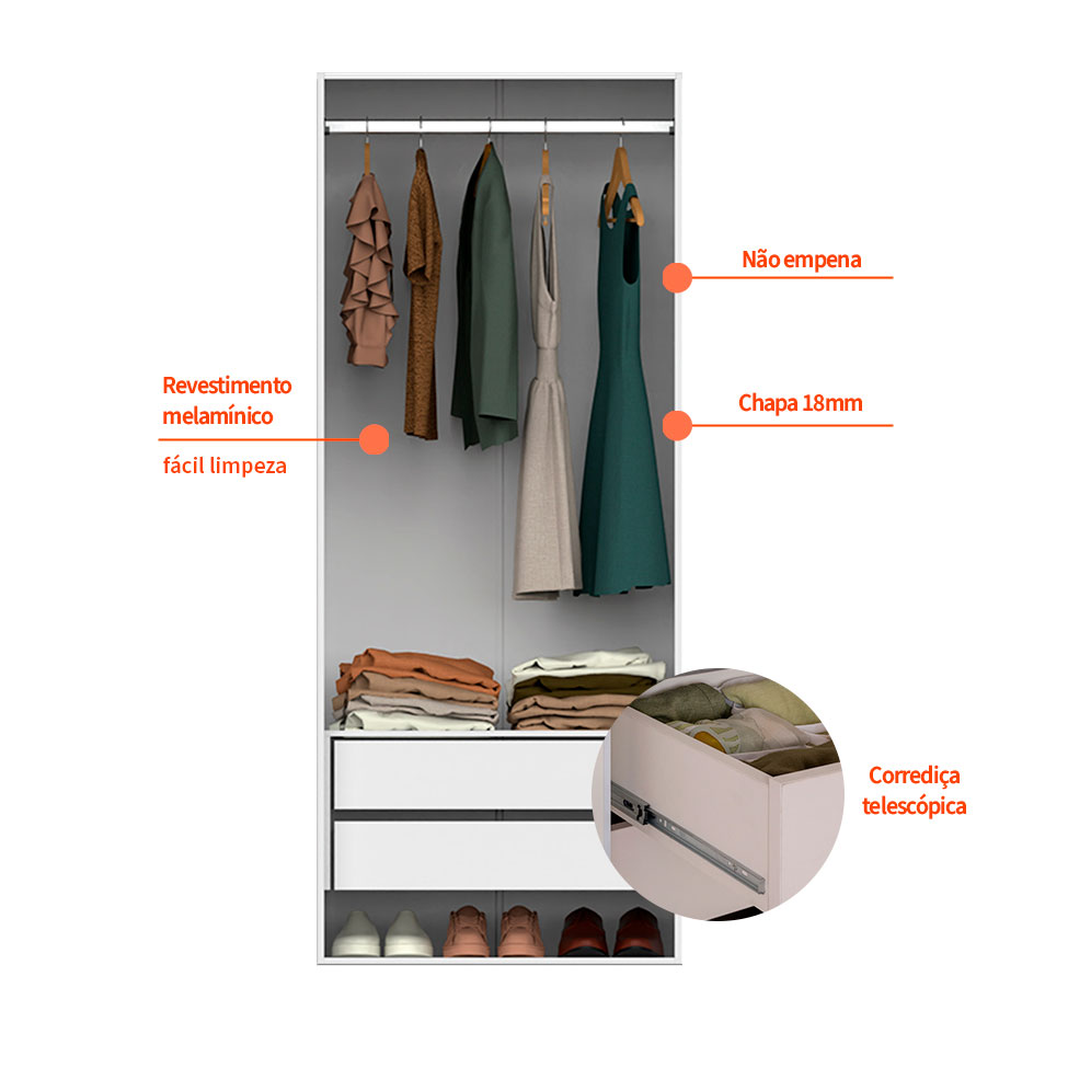 Guarda-Roupa Modulado Tuyo 2 Gavetas e 1 Cabideiro Branco 90 cm