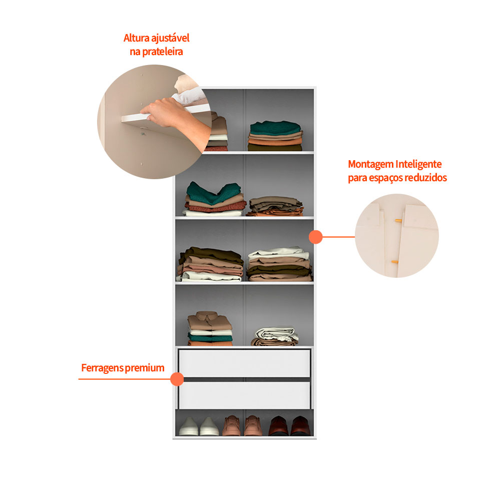 Guarda-Roupa Modulado Tuyo 2 Gavetas e 4 Prateleiras Branco 90 cm