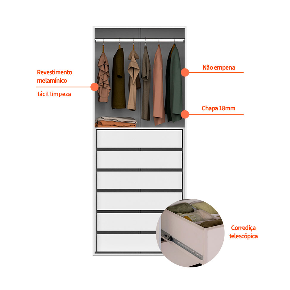 Guarda-Roupa Modulado Tuyo 6 GV e 1 Cabideiro Branco 90 cm