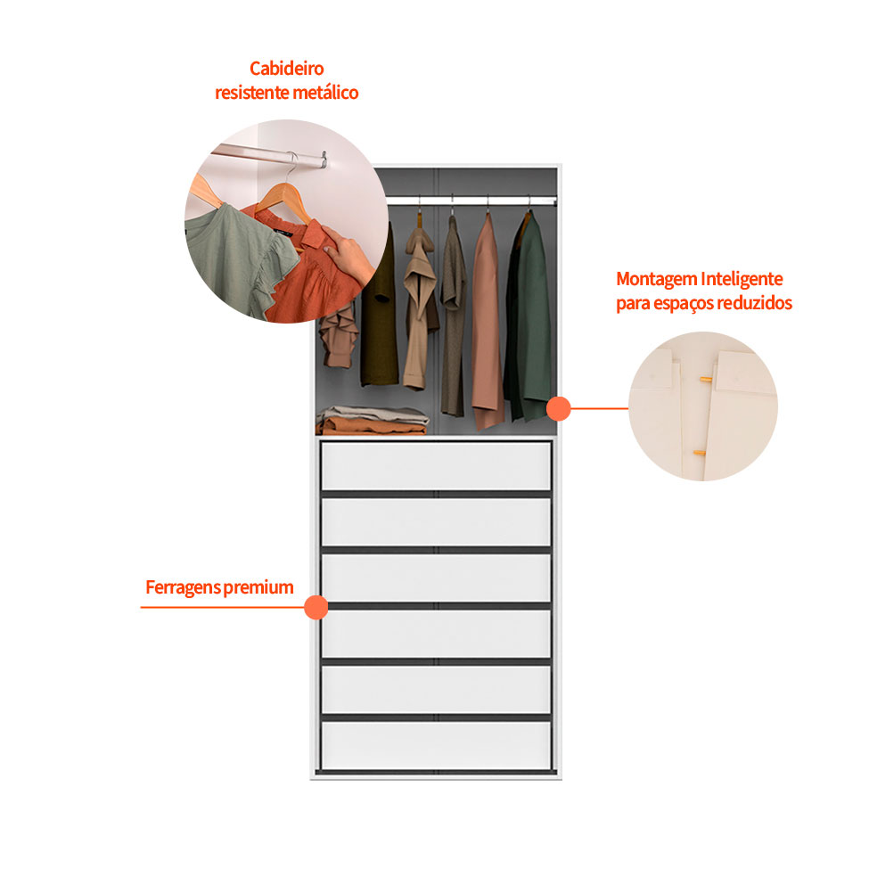Guarda-Roupa Modulado Tuyo 6 GV e 1 Cabideiro Branco 90 cm