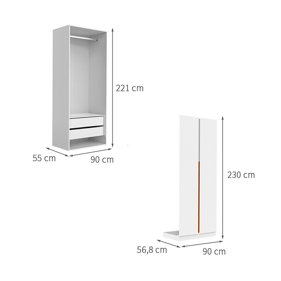 Guarda-Roupa Modulado com Cabideiro New Tuyo 2 Portas Articuladas 2 Gavetas Branco 90 cm