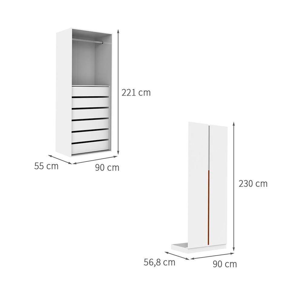 Guarda-Roupa Modulado com Cabideiro Tuyo 6 Gavetas Branco e Itapuã 90 cm