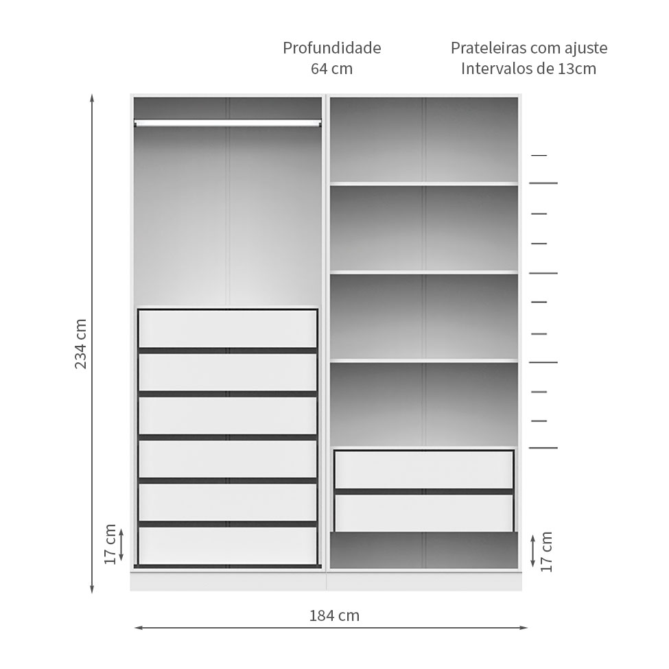 Guarda-Roupa Modulado com Cabideiro e Prateleiras Tuyo 2 Portas Correr 8 Gavetas Branco 184 cm