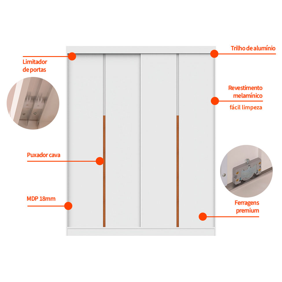 Guarda-Roupa Modulado com Cabideiro e Prateleiras Tuyo 2 Portas Correr 8 Gavetas Branco 184 cm