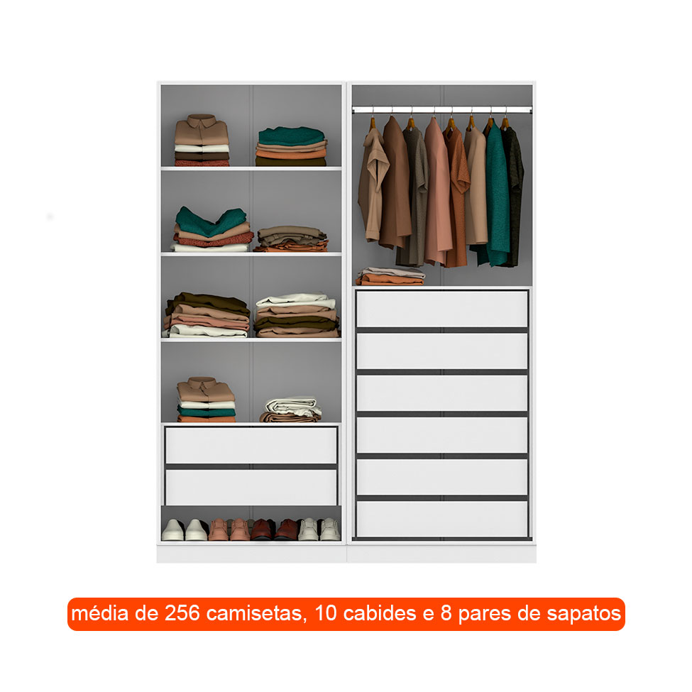Guarda-Roupa Modulado com Cabideiro e Prateleiras Tuyo 2 Portas Correr 8 Gavetas Branco 184 cm