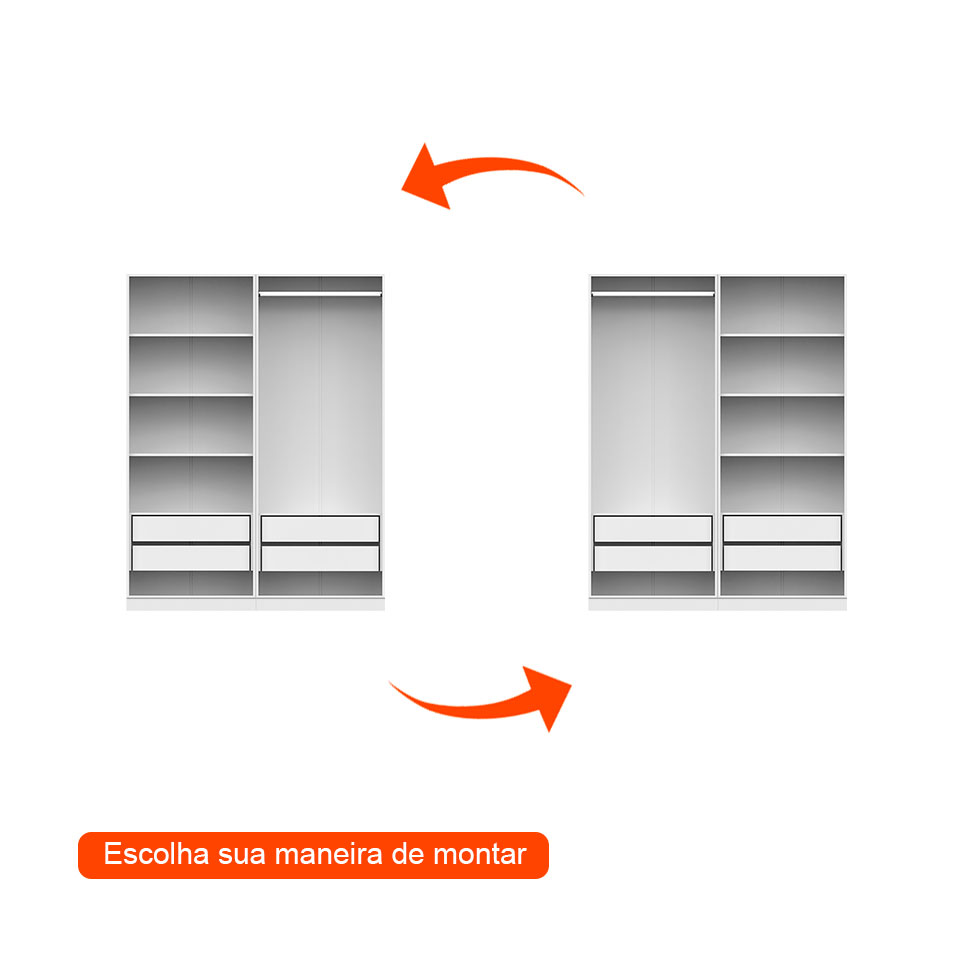 Guarda-Roupa Modulado com Cabideiro e Prateleiras Tuyo 4 Portas Articuladas 4 Gavetas Branco 180 cm